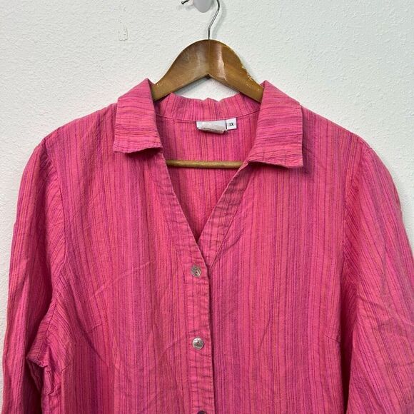 Hot Cotton Women’s Pink Micro Stripe Linen Blend Lagenlook Button Up Top Size 1X - Picture 2 of 12